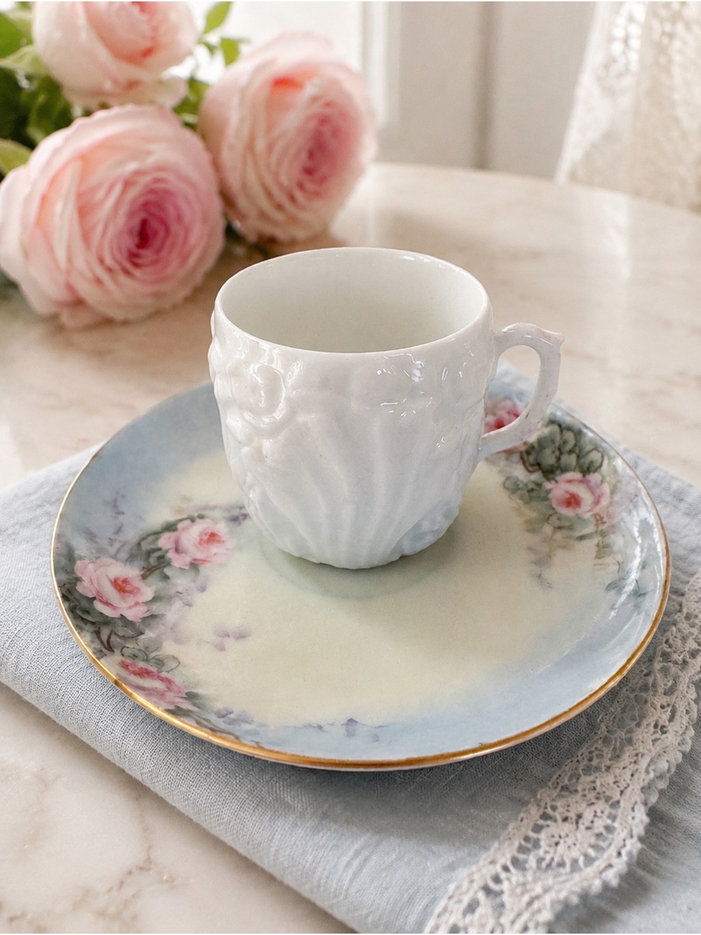 Prince Regent Bavaria Antique Rose Saucer Embossed Demitasse Cup Assembled Set